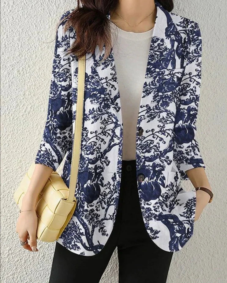Women’s Blazer – Tailored Fit – Floral Pattern – Cotton Blend – 3/4 Sleeve – Notched Lapel