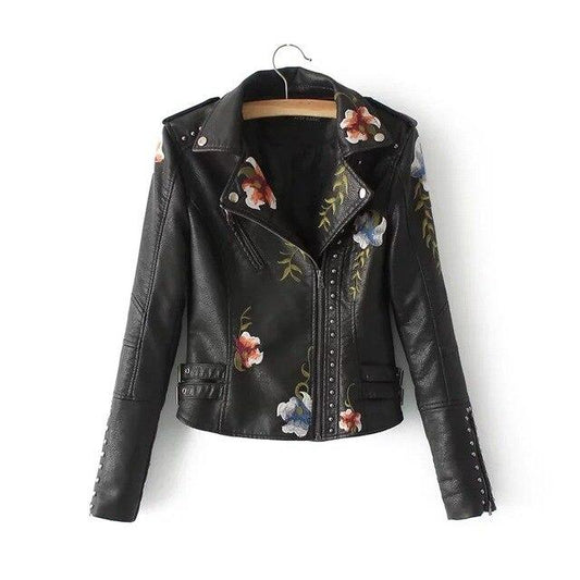 Women’s Leather Jacket – Cropped Fit – Studded Biker Style – Floral Embroidery