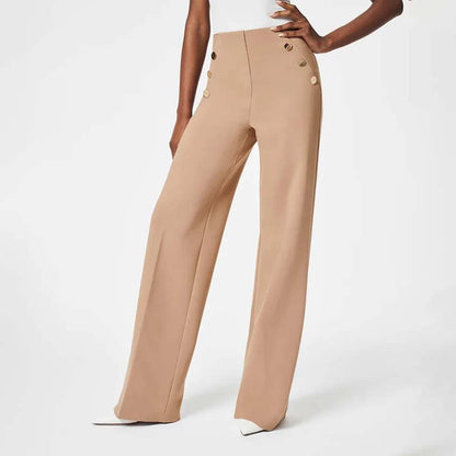 Women’s Wide-Leg Pants – High Waist – Stretch Fit – Decorative Side Buttons