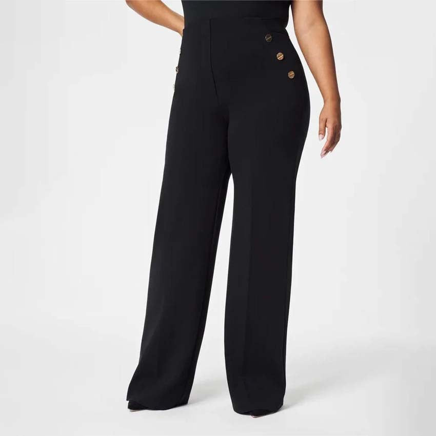 Women’s Wide-Leg Pants – High Waist – Stretch Fit – Decorative Side Buttons