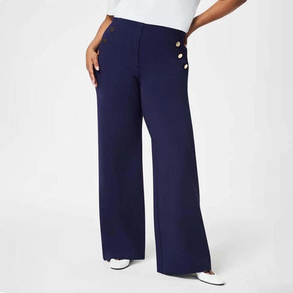Women’s Wide-Leg Pants – High Waist – Stretch Fit – Decorative Side Buttons