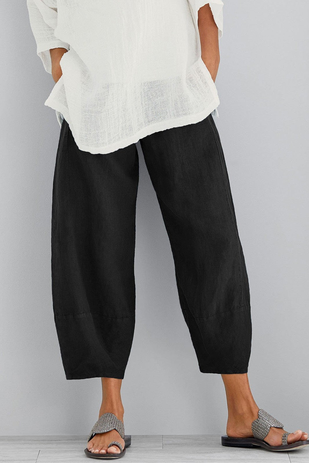Women’s Casual Pants – Loose Fit – Wide Leg – Full Length – Natural Fibers – With Pockets