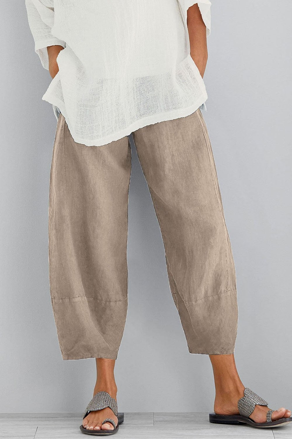 Women’s Casual Pants – Loose Fit – Wide Leg – Full Length – Natural Fibers – With Pockets