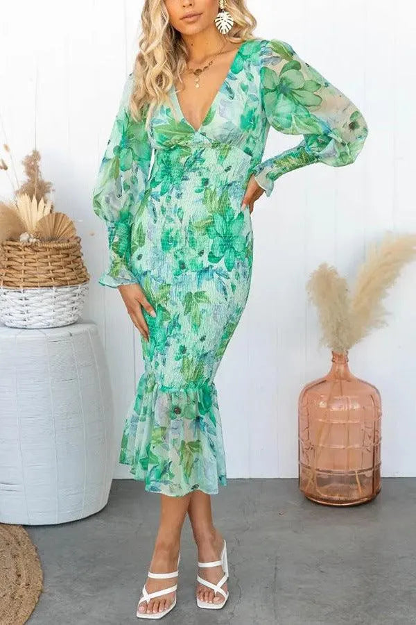 Women's Midi Dress - Floral Pattern - Deep V-Neck - Long Sheer Puff Sleeves - Fitted Silhouette