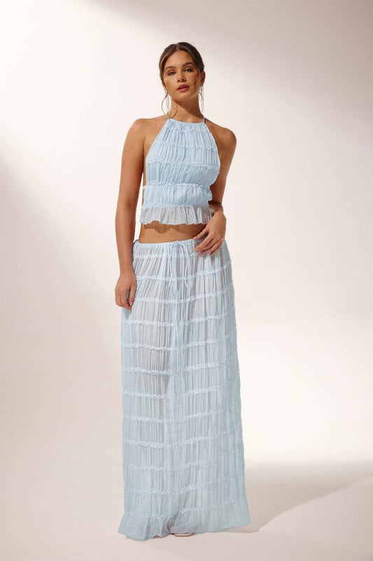 Women’s Pleated Set – Backless Halter Crop Top – Flared Full-Length Skirt – Lightweight