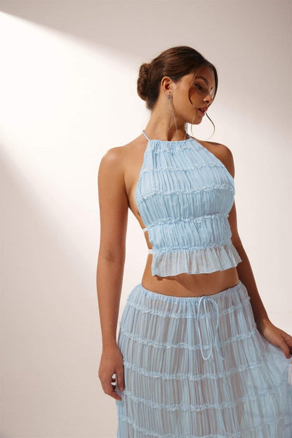 Women’s Pleated Set – Backless Halter Crop Top – Flared Full-Length Skirt – Lightweight