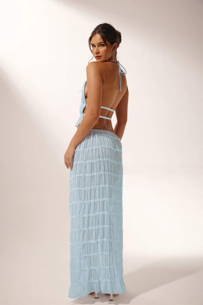 Women’s Pleated Set – Backless Halter Crop Top – Flared Full-Length Skirt – Lightweight