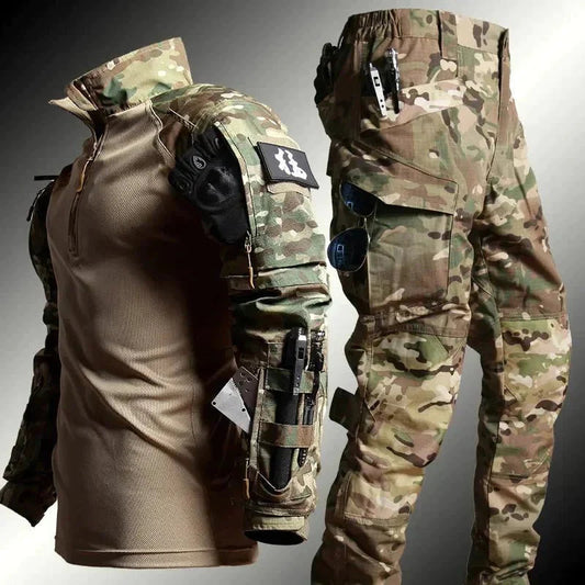 Men’s Tactical Set – Slim Fit Top with High Neck – Durable Cargo Pants with Pockets
