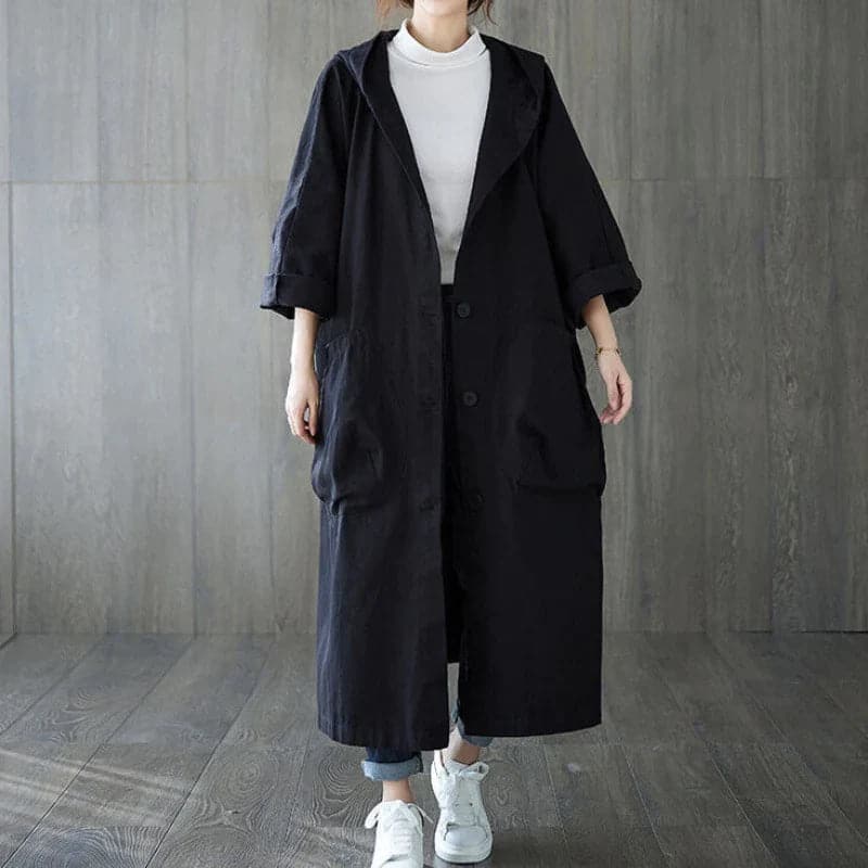 Women’s Trenchcoat – Oversized Fit – Long Length – Hooded – Cotton Blend – Large Pockets