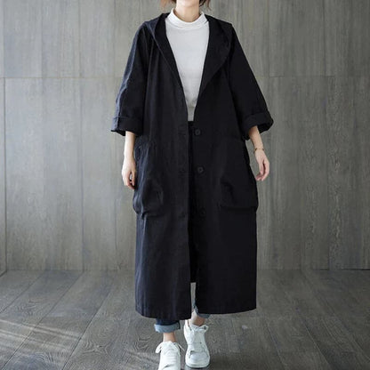 Women’s Trenchcoat – Oversized Fit – Long Length – Hooded – Cotton Blend – Large Pockets