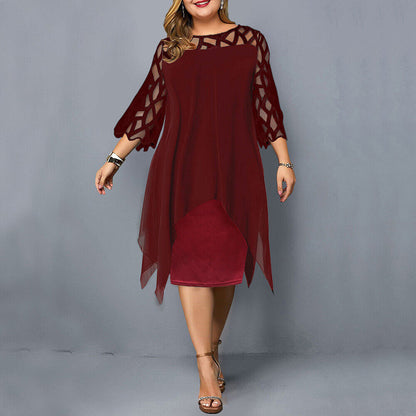 Women’s Midi Dress – Relaxed Fit – Sheer Overlay – Geometric Cut-Out – Half Sleeve
