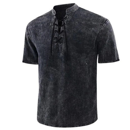 Men’s Retro Shirt – Relaxed Fit – Lace-Up Neckline – Short Sleeve – Breathable Blend