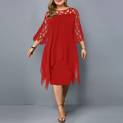 Women’s Midi Dress – Relaxed Fit – Sheer Overlay – Geometric Cut-Out – Half Sleeve