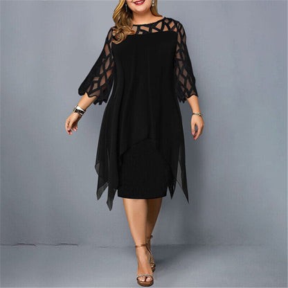 Women’s Midi Dress – Relaxed Fit – Sheer Overlay – Geometric Cut-Out – Half Sleeve