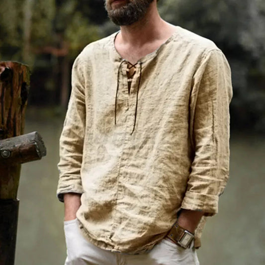 Men’s Long Sleeve Shirt – Relaxed Fit – Natural Fibers – Lace-Up Neckline Casual Wear