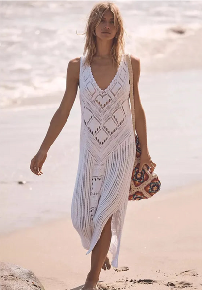 Women’s Midi Dress – Relaxed Fit – Mesh Knit – V-Neck – Side Slits – Breathable Fabric