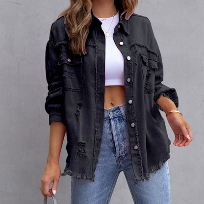 Women’s Denim Jacket – Relaxed Oversized Fit – Distressed Look – Button Front Closure