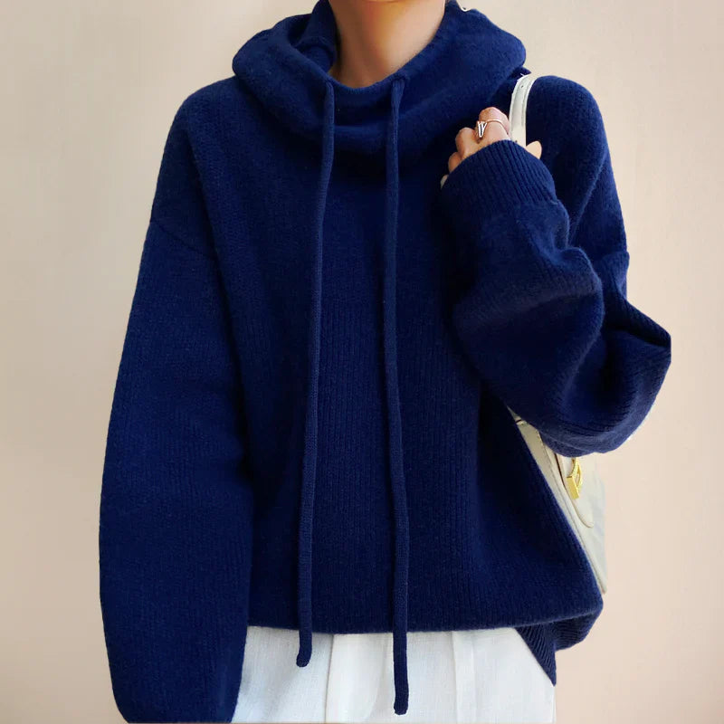 Women’s Turtleneck Sweater – Wool Knit – Oversized Fit – Drawstring Neck – Ribbed Hem