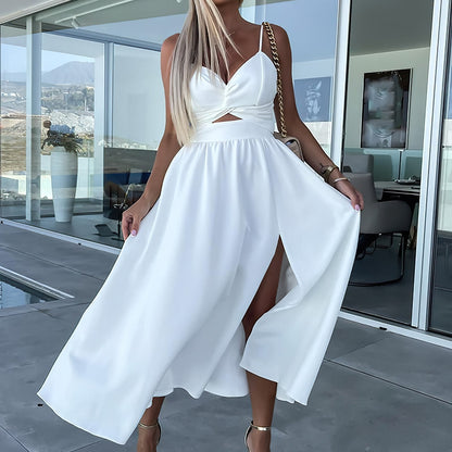 Women's Midi Dress - Satin Finish - Twisted Front Cut-Out - Spaghetti Straps - A-Line Slit