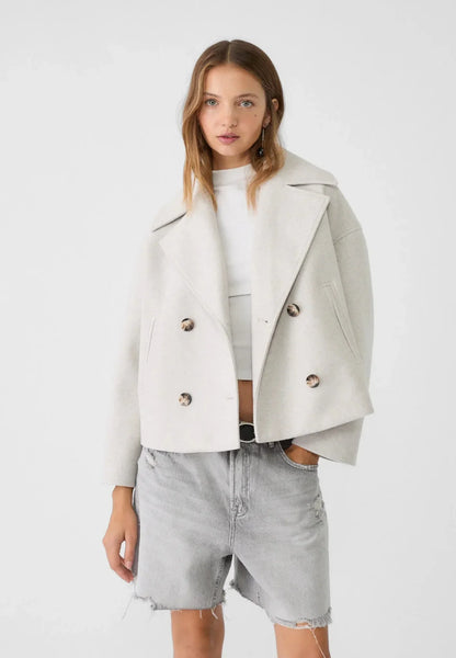 Women’s Double-Breasted Jacket – Wool Look – Oversized Fit – Cropped Structured Design