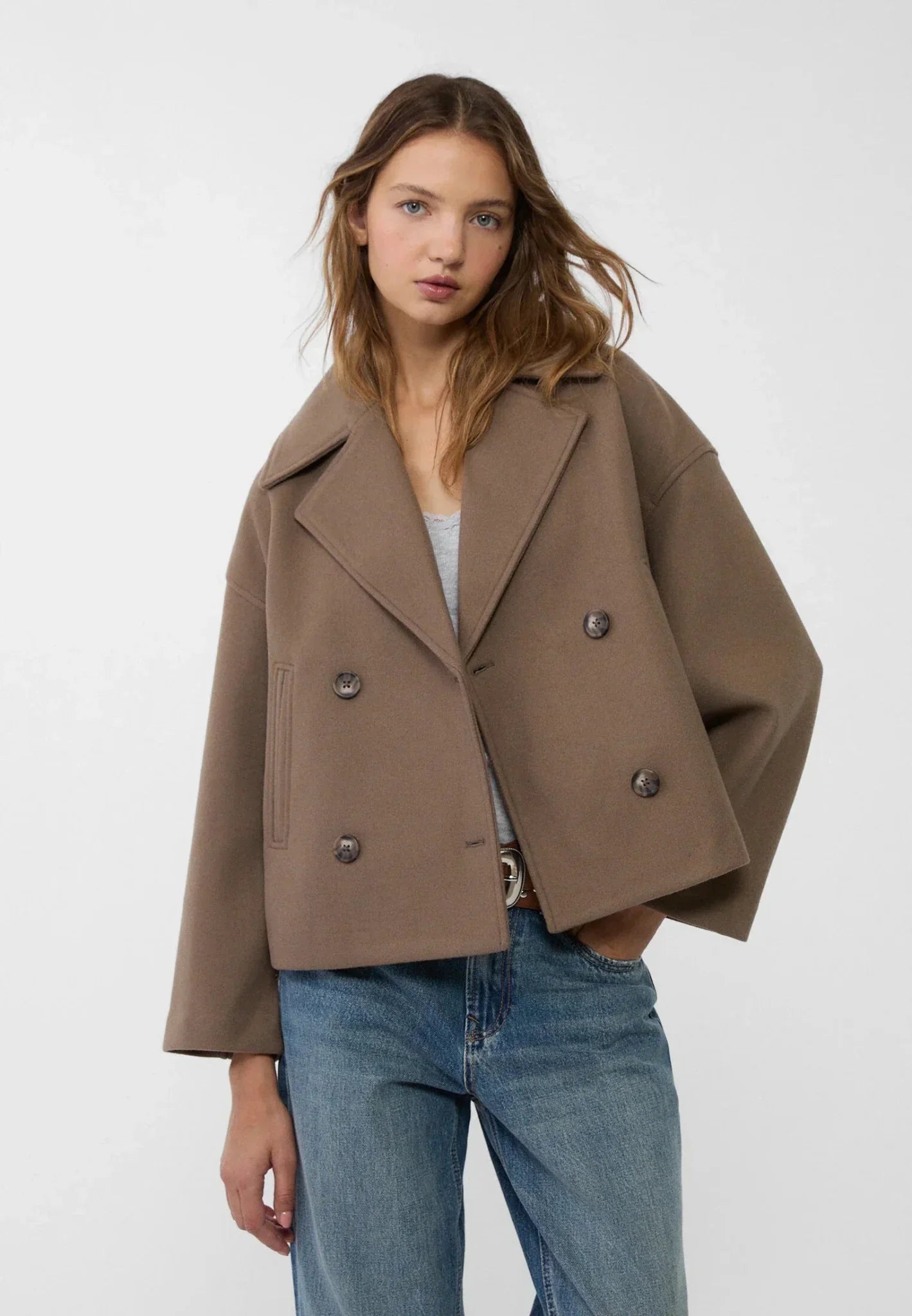Women’s Double-Breasted Jacket – Wool Look – Oversized Fit – Cropped Structured Design