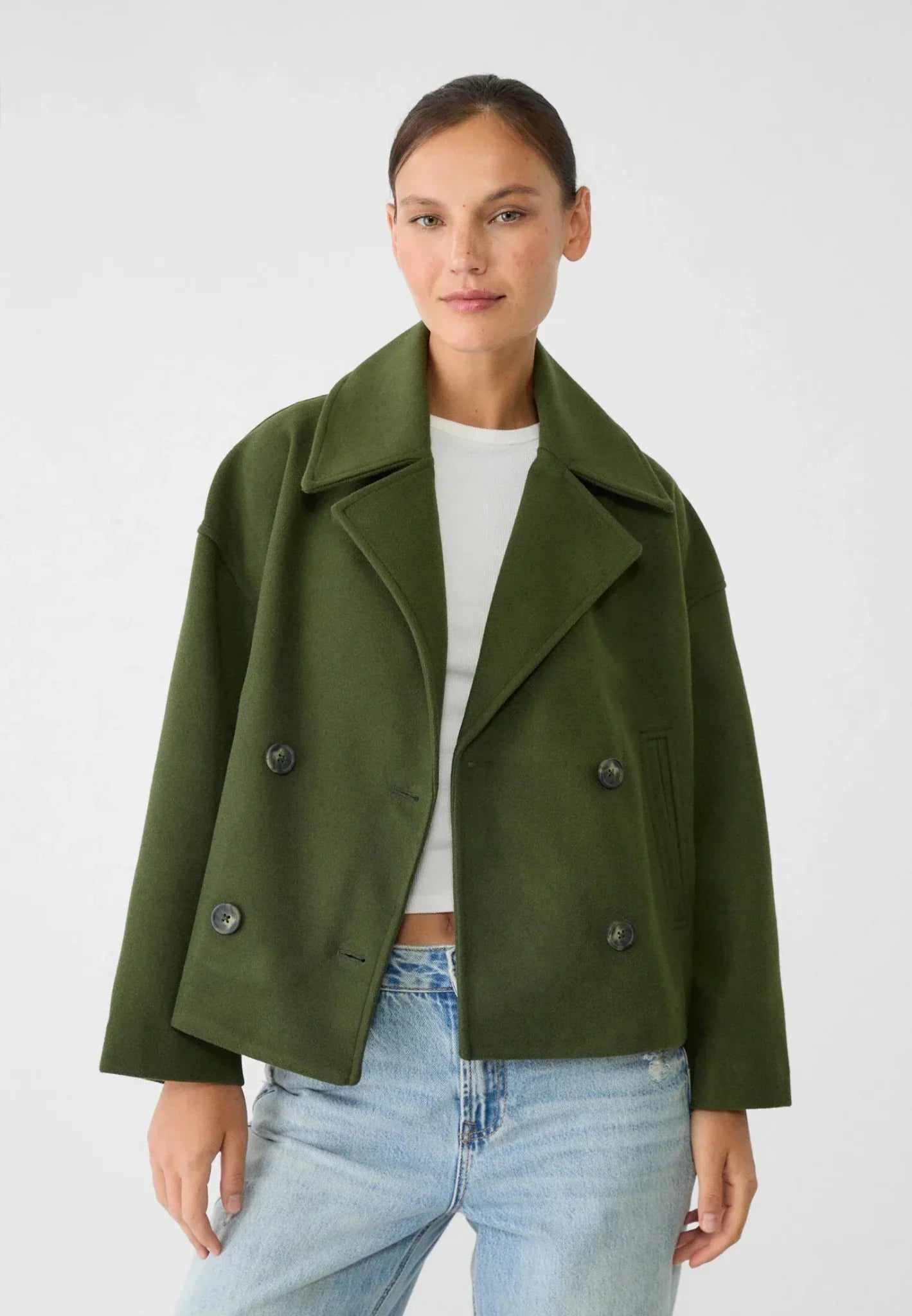 Women’s Double-Breasted Jacket – Wool Look – Oversized Fit – Cropped Structured Design