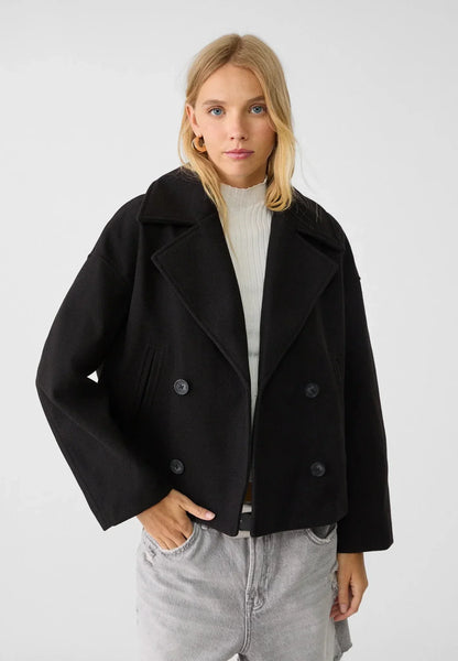 Women’s Double-Breasted Jacket – Wool Look – Oversized Fit – Cropped Structured Design