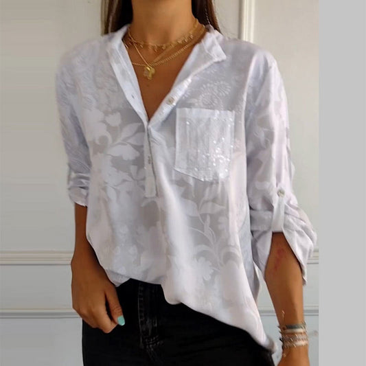 Women’s Blouse – Relaxed Fit – Lightweight Jacquard – Button Tab Sleeves – Collar Neck
