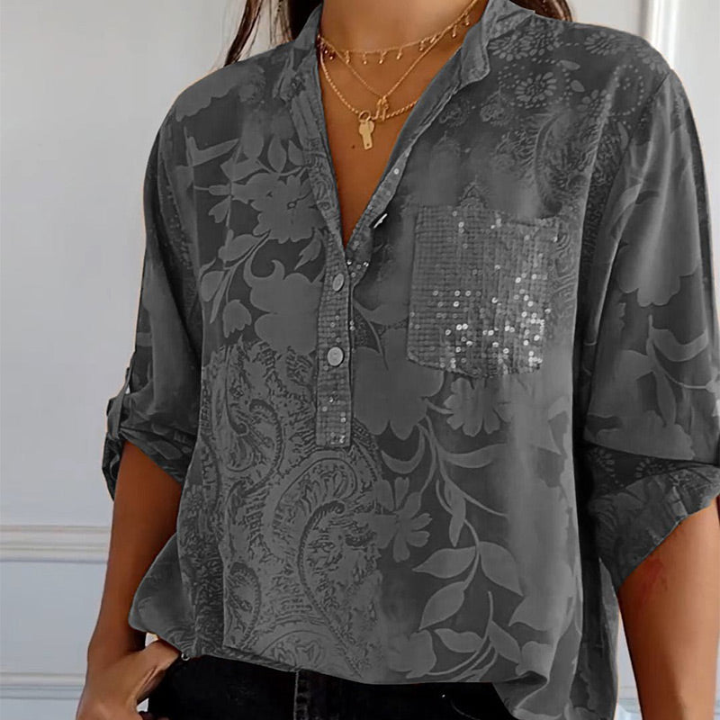 Women’s Blouse – Relaxed Fit – Lightweight Jacquard – Button Tab Sleeves – Collar Neck