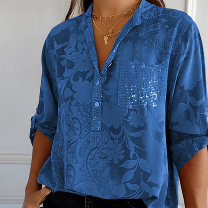 Women’s Blouse – Relaxed Fit – Lightweight Jacquard – Button Tab Sleeves – Collar Neck