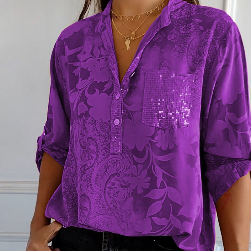 Women’s Blouse – Relaxed Fit – Lightweight Jacquard – Button Tab Sleeves – Collar Neck