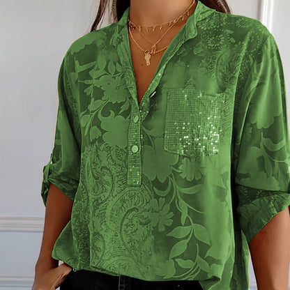 Women’s Blouse – Relaxed Fit – Lightweight Jacquard – Button Tab Sleeves – Collar Neck