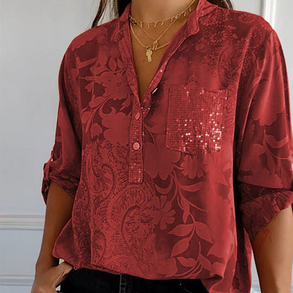 Women’s Blouse – Relaxed Fit – Lightweight Jacquard – Button Tab Sleeves – Collar Neck