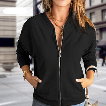 Women's Bomber Jacket - Soft Knit - Relaxed Fit - Zip Closure - Ribbed Cuffs