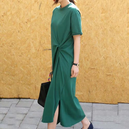 Women's Midi Dress - Short Sleeve - Round Neck - Side Pleated Detail - Relaxed Fit