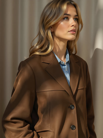 Women’s Suede-Style Jacket – Tailored Fit – Notched Lapel – Hip Length Smart Casual