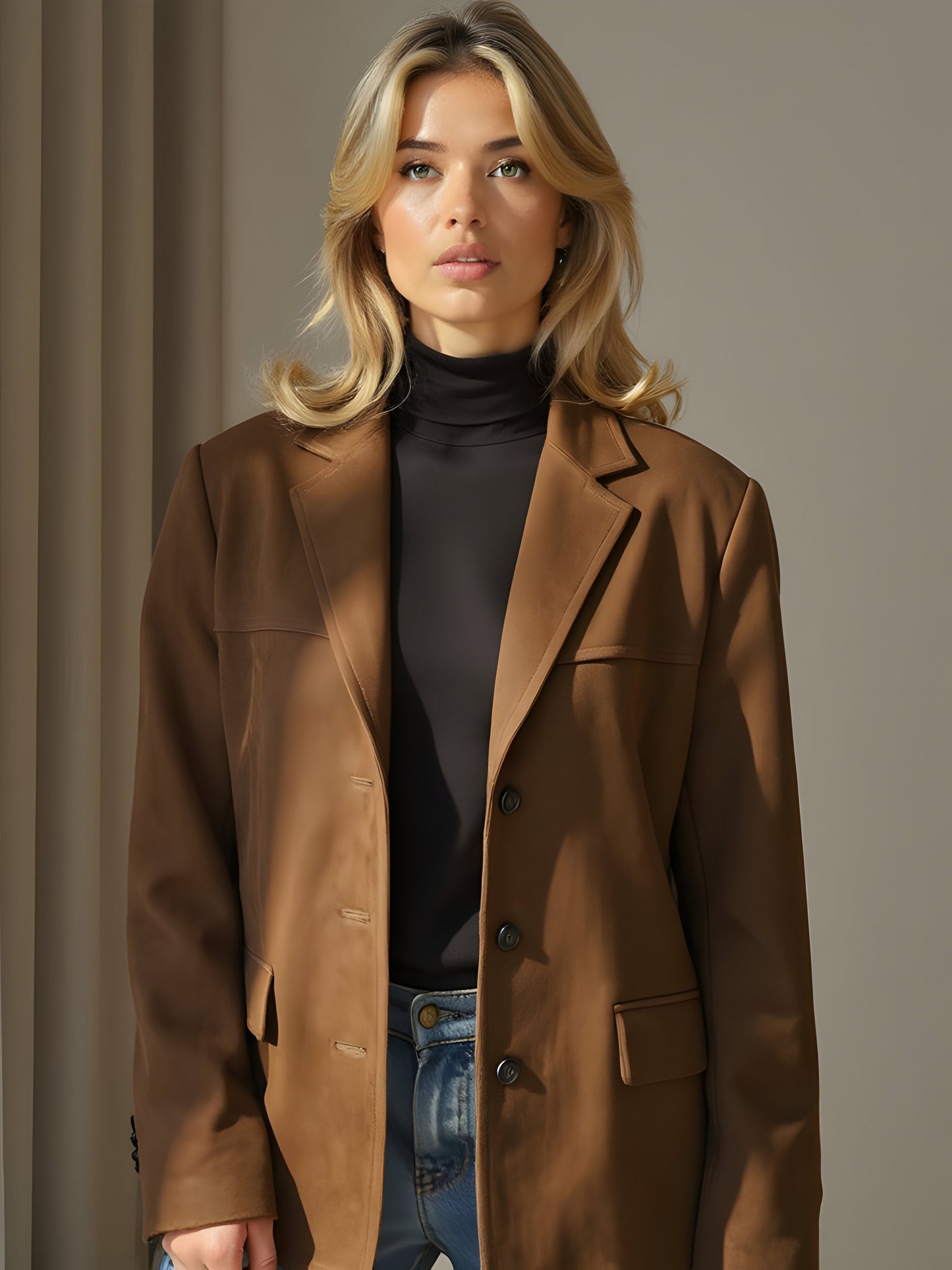 Women’s Suede-Style Jacket – Tailored Fit – Notched Lapel – Hip Length Smart Casual