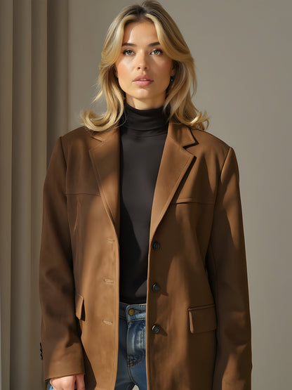 Women’s Suede-Style Jacket – Tailored Fit – Notched Lapel – Hip Length Smart Casual