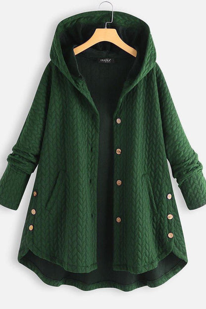 Women’s Hooded Coat – Oversized Fit – Quilted Chevron Texture – Button Closure