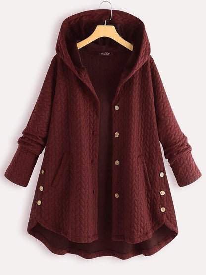 Women’s Hooded Coat – Oversized Fit – Quilted Chevron Texture – Button Closure