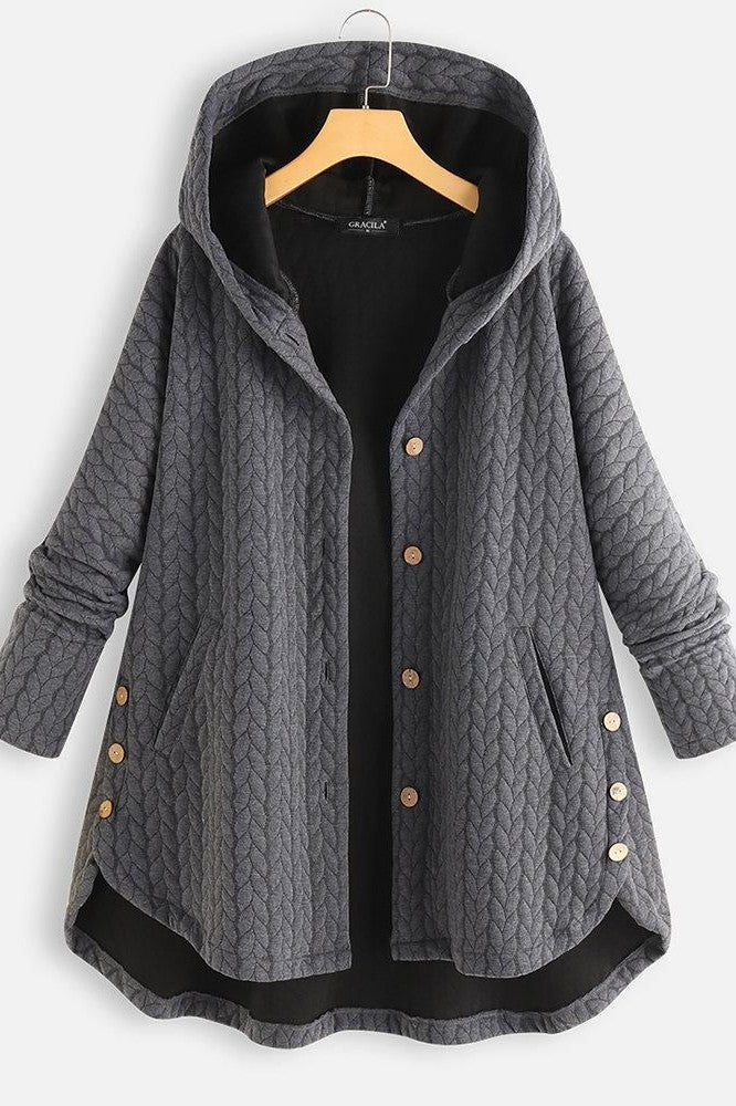 Women’s Hooded Coat – Oversized Fit – Quilted Chevron Texture – Button Closure