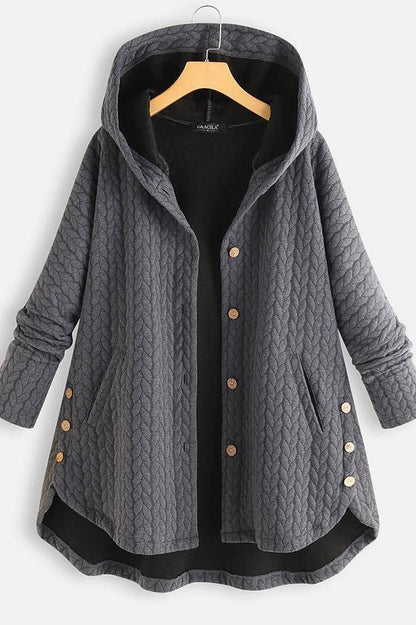 Women’s Hooded Coat – Oversized Fit – Quilted Chevron Texture – Button Closure
