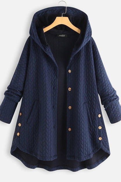 Women’s Hooded Coat – Oversized Fit – Quilted Chevron Texture – Button Closure