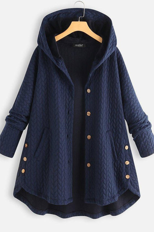 Women’s Hooded Coat – Oversized Fit – Quilted Chevron Texture – Button Closure
