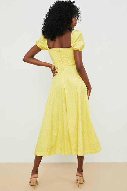Women’s Midi Sundress – Cotton Blend – Ruched Bodice – Puff Sleeve – Square Neckline