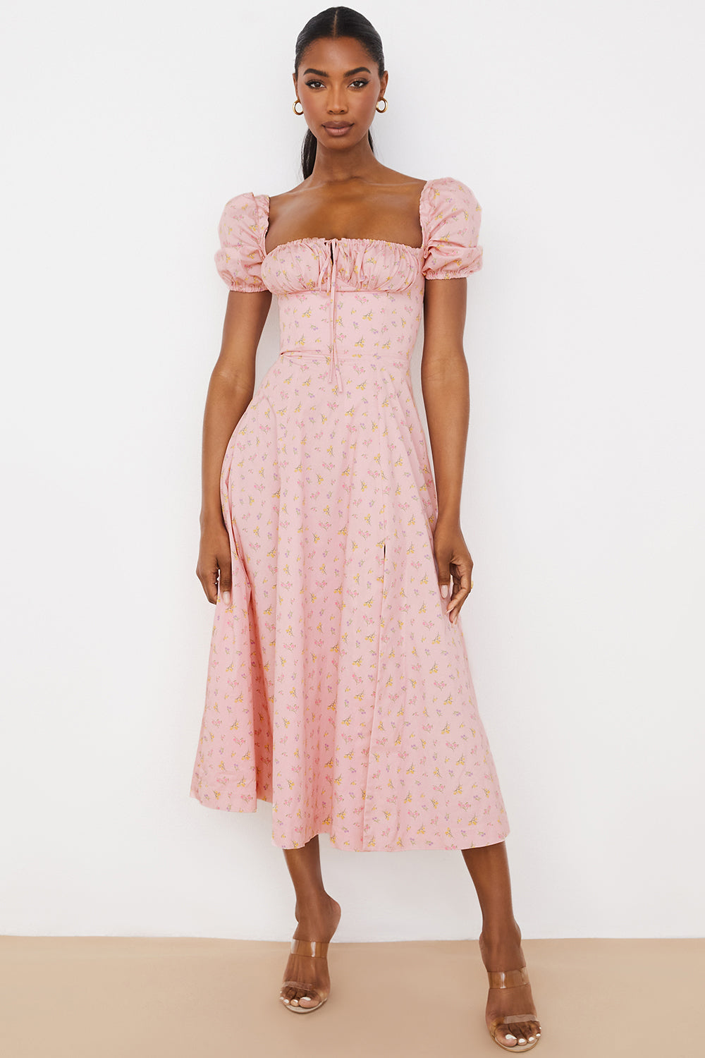 Women’s Midi Sundress – Cotton Blend – Ruched Bodice – Puff Sleeve – Square Neckline