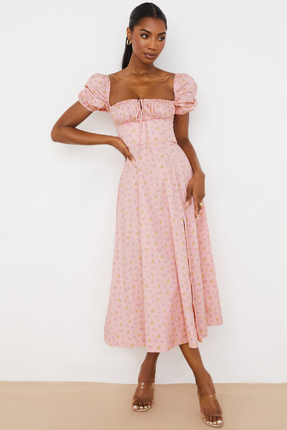 Women’s Midi Sundress – Cotton Blend – Ruched Bodice – Puff Sleeve – Square Neckline