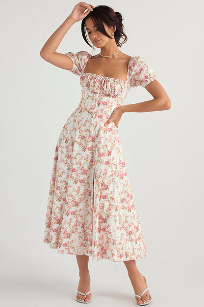 Women’s Midi Sundress – Cotton Blend – Ruched Bodice – Puff Sleeve – Square Neckline