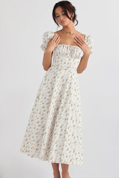 Women’s Midi Sundress – Cotton Blend – Ruched Bodice – Puff Sleeve – Square Neckline