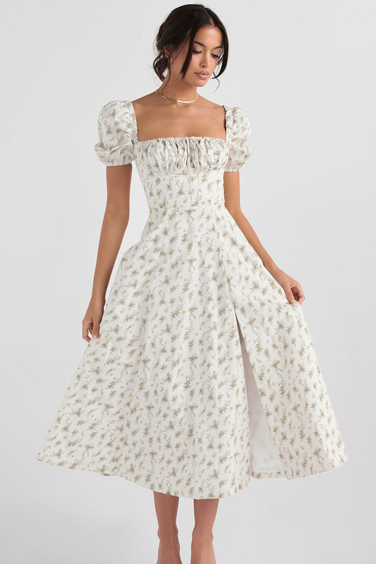Women’s Midi Sundress – Cotton Blend – Ruched Bodice – Puff Sleeve – Square Neckline